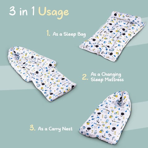 BAYBEE Polyester Baby Cotton Bed Cum Carry Bed Printed Baby Sleeping Bag-Baby Bed-Infant Portable Bassinet-Nest for Co-Sleeping Unisex Baby Bedding for New Born 0-12 Months Old (Panda Blue)