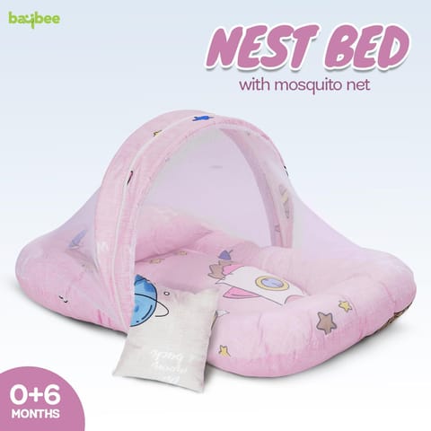 Baybee Baby Bedding Set for New Born Baby, Bed Mattress with Mosquito Net & Neck Pillow, Sleeping Nest Travel Bed for Baby, Infant Toddler Bed Set Gifts for Baby Boy Girl 0-6 Months (Pink)