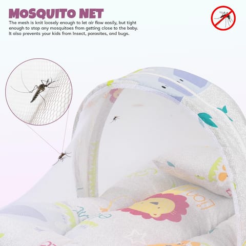 Baybee Baby Bedding Set for New Born Baby, Bed Mattress with Mosquito Net & Neck Pillow, Sleeping Nest Travel Bed for Baby, Infant Toddler Bed Set Gifts for Baby Boy Girl 0-6 Months (Grey)