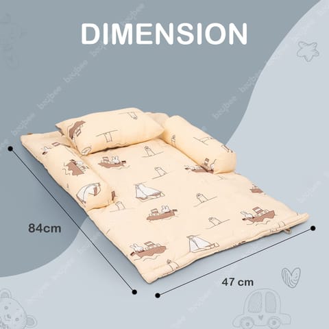 Baybee Thick New Born Baby Bedding Mattress/Gadda bed Set for Babies with 2 Side Bolster & Head Pillow | Baby Sleeping Bed for 0 to 6 months | 4 Pcs Printed baby Bedding Set for Boys Girls (Beige)