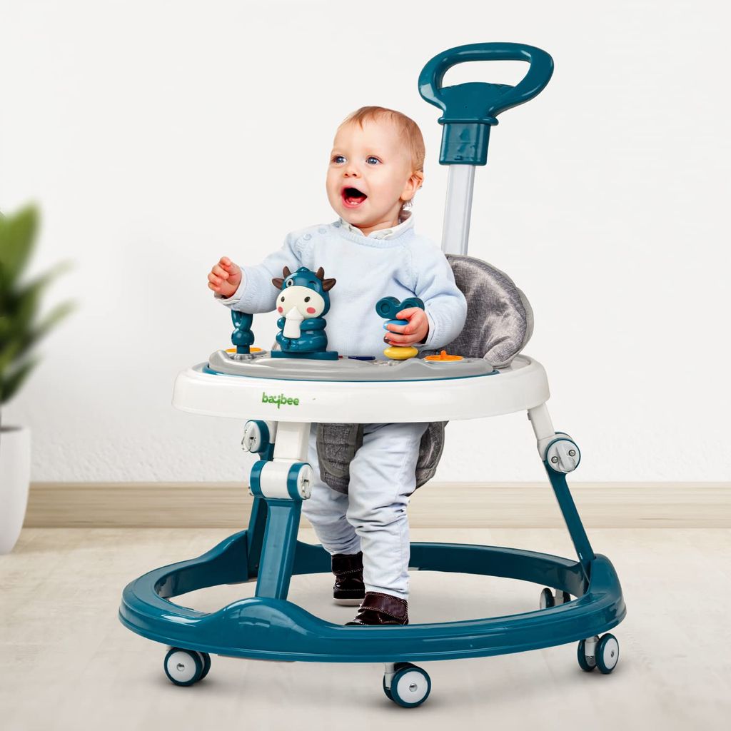 BAYBEE Moono Baby Walker For Kids, Round Kids Walker With Parental Push Handle&4 Seat Height Adjustable|Activity Walker For Baby With Musical Toy Bar&Footmat|Walker Baby 6-18 Months Boys Girls (BLUE)