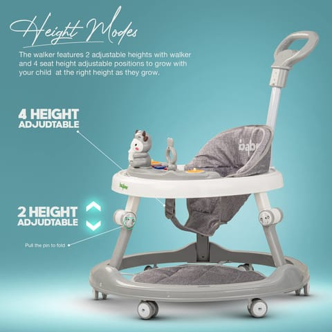 BAYBEE Moono Baby Walker For Kids, Round Kids Walker With Parental Push Handle&4 Seat Height Adjustable|Activity Walker For Baby With Musical Toy Bar&Footmat|Walker Baby 6-18 Months Boys Girls (GREY)