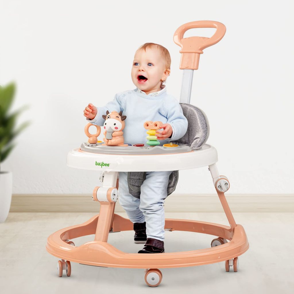 BAYBEE Moono Baby Walker For Kids, Round Kids Walker With Parental Push Handle&4 Seat Height Adjustable|Activity Walker For Baby With Musical Toy Bar&Footmat|Walker Baby 6-18 Months Boys Girls (PINK)