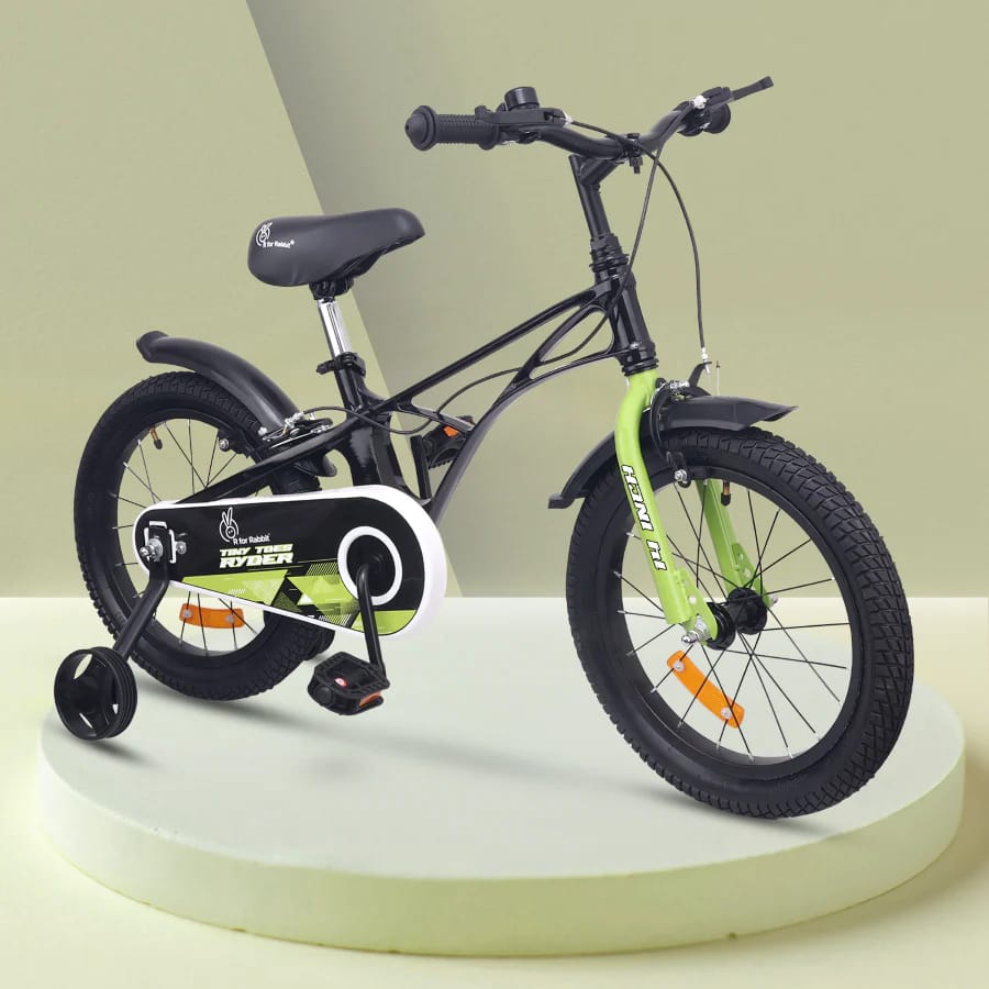 R For Rabbit Tiny Toes Ryder Bicycle For Kids 14 Inch 90% Plug N Play Installation, Black Green