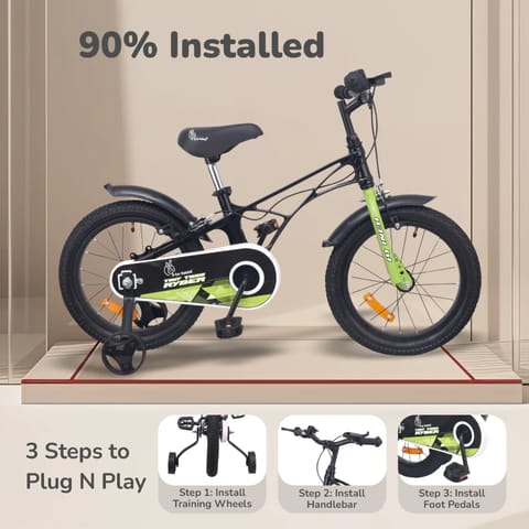 R For Rabbit Tiny Toes Ryder Bicycle For Kids 16 Inch 90% Plug N Play Installation, Black Green