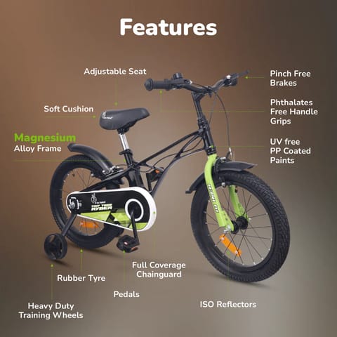 R For Rabbit Tiny Toes Ryder Bicycle For Kids 16 Inch 90% Plug N Play Installation, Black Green