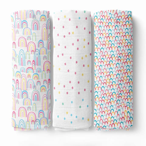 haus & kinder Rainbow Collection 100% Cotton Soft Muslin Swaddles Wrap for Newborn Baby - Pack of 3, Multicolor