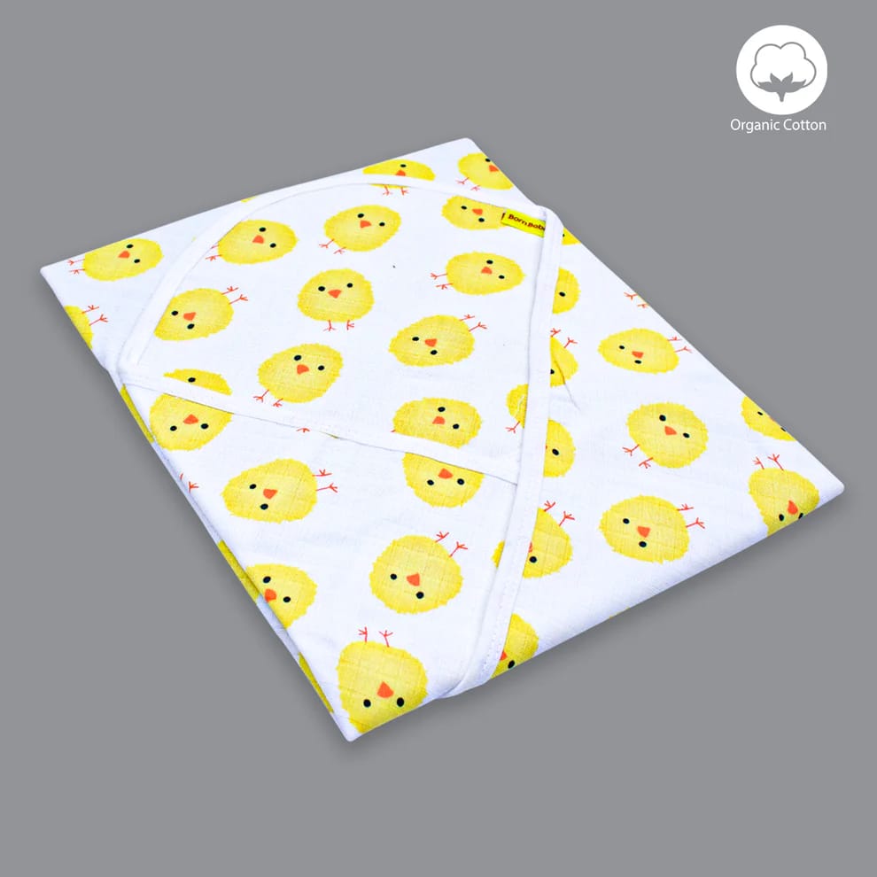 Born Babies Unisex Babies 100% Organic Muslin Cotton Hooded Towel Cum Baby Towel - Yellow