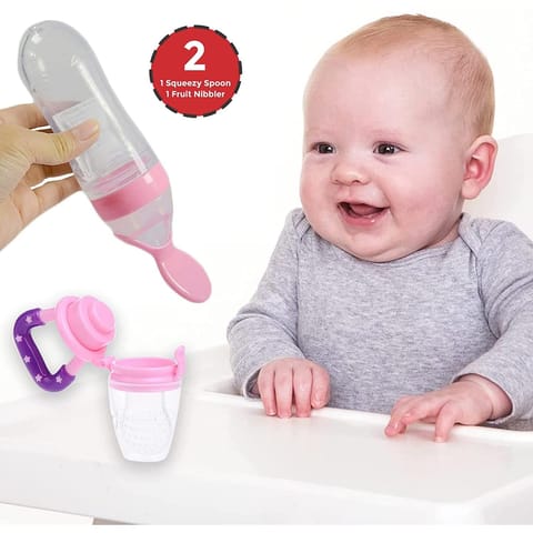 Safe O Kid Veggie Squeezy Spoon & Baby Food/ Fruit Nibbler for 0-24 Months (Pink/Pink)