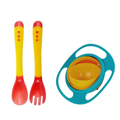 Safe-O-Kid Feeding 360 Degree Rotation Gyro Bowl With Heat Sensitive Spoon Fork Set