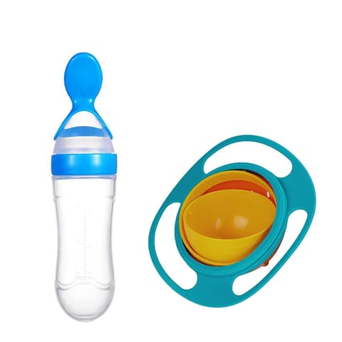 Safe-O-Kid Baby Feeding 360 Degree Rotation Gyro Bowl/ Squeezy Spoon, Blue - Combo