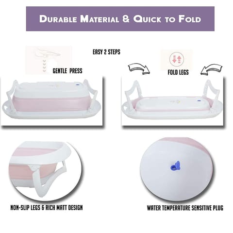 Safe-O-Kid Baby Foldable Bathtub with Temperature Sensitive Plug with 1 Hair Washing Mug