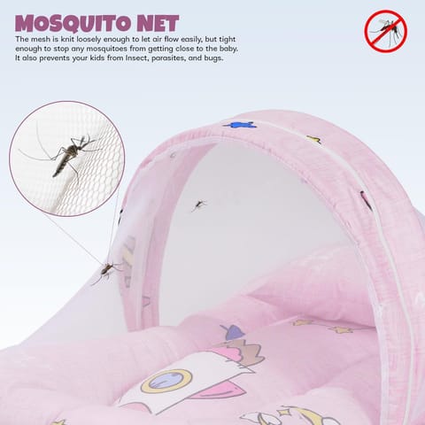 Baybee Baby Bedding Set for New Born Baby, Bed Mattress with Mosquito Net & Neck Pillow, Sleeping Nest Travel Bed for Baby, Infant Toddler Bed Set Gifts for Baby Boy Girl 0-6 Months (Pink)