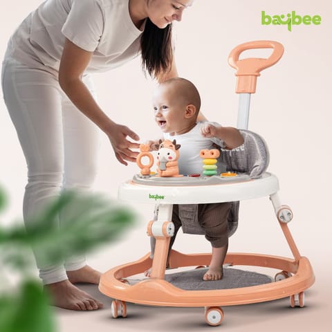 BAYBEE Moono Baby Walker For Kids, Round Kids Walker With Parental Push Handle&4 Seat Height Adjustable|Activity Walker For Baby With Musical Toy Bar&Footmat|Walker Baby 6-18 Months Boys Girls (PINK)