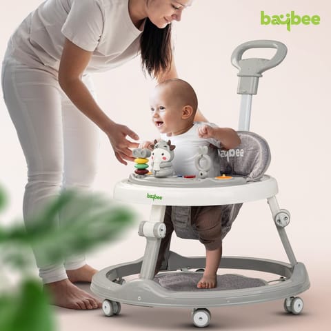 BAYBEE Moono Baby Walker For Kids, Round Kids Walker With Parental Push Handle&4 Seat Height Adjustable|Activity Walker For Baby With Musical Toy Bar&Footmat|Walker Baby 6-18 Months Boys Girls (GREY)