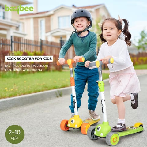 Baybee Maxi Kick Scooter for Kids, 3 Wheel Kids Scooter with 3 Height Adjustable Handle, Skate Scooter with Led PU Wheels & Rear Brake, Runner Scooter for Kids 2 to 10 Years Boys Girls (Green)