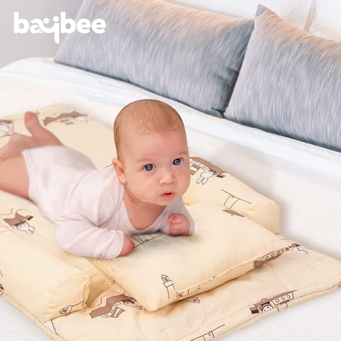 Baybee Thick New Born Baby Bedding Mattress/Gadda bed Set for Babies with 2 Side Bolster & Head Pillow | Baby Sleeping Bed for 0 to 6 months | 4 Pcs Printed baby Bedding Set for Boys Girls (Beige)