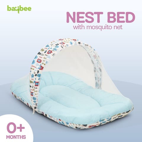 Baybee Baby Bedding Set for New Born Baby, Bed Mattress with Mosquito Net, Neck Pillow & 2 Bolsters Sleeping Nest Travel Bed for Baby Infant Toddler Bed Set for Baby Boy Girl 0-6 Months Blue