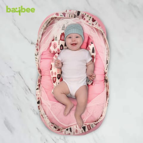 Baybee Cotton Baby Modern Bedding Set For New Born Baby Bed Mattress With Zip Mosquito Net Neck Pillow&2 Bolsters Sleeping Nest Travel Bed ,Infant Toddler Bed Set Gifts For Baby Boy Girl 0-6 M Pink