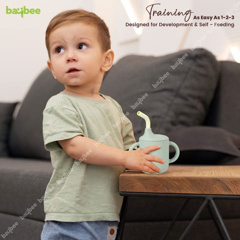 BAYBEE Baby BPA-Free Silicone Sipper Cup Drinking Training Anti Spill Sippy Cup/Glass with Soft Silicone Straw & Lid for Baby and Toddler Unbreakable, Spill Proof and Non-Slip Twin Handles Spout Cup for Infants /Kids 6+ Months(Green)