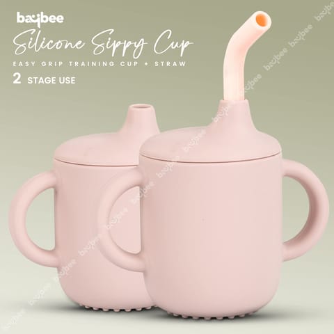 BAYBEE Baby BPA-Free Silicone Sipper Cup Drinking Training Anti Spill Sippy Cup/Glass with Soft Silicone Straw & Lid for Baby and Toddler Unbreakable, Spill Proof and Non-Slip Twin Handles Spout Cup for Infants /Kids 6+ Months(PINK)