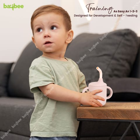 BAYBEE Baby BPA-Free Silicone Sipper Cup Drinking Training Anti Spill Sippy Cup/Glass with Soft Silicone Straw & Lid for Baby and Toddler Unbreakable, Spill Proof and Non-Slip Twin Handles Spout Cup for Infants /Kids 6+ Months(PINK)