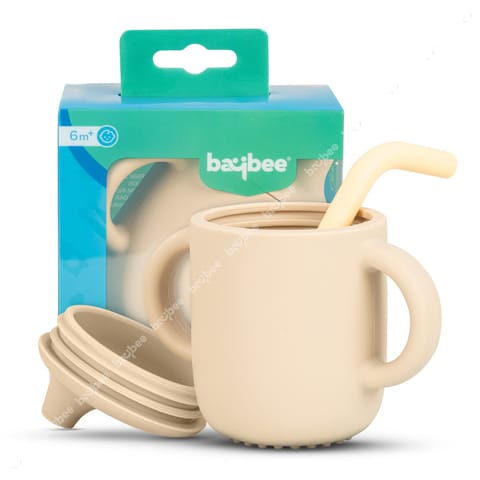 BAYBEE Baby BPA-Free Silicone Sipper Cup Drinking Training Anti Spill Sippy Cup/Glass with Soft Silicone Straw & Lid for Baby and Toddler Unbreakable, Spill Proof and Non-Slip Twin Handles Spout Cup for Infants /Kids 6+ Months(IVORY)