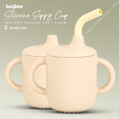 BAYBEE Baby BPA-Free Silicone Sipper Cup Drinking Training Anti Spill Sippy Cup/Glass with Soft Silicone Straw & Lid for Baby and Toddler Unbreakable, Spill Proof and Non-Slip Twin Handles Spout Cup for Infants /Kids 6+ Months(IVORY)