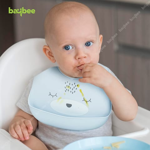 Baybee Baby Silicone Waterproof Bibs for New Born Baby with Pocket & 6 Adjustable Neckline Buttons | Baby Feeding Bib for infants & toddlers with Washable & Reusable for Boy Girl 6 to 12 months (Blue)