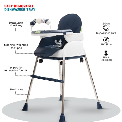 Baybee 4 in 1 Convertible High Chair for Kids with Adjustable Height and Footrest, Baby Toddler Feeding Booster Seat with Tray, Wheels, Safety Belt and Cushion, Boys & Girls 6 Months to 3 Years (Navy Blue)