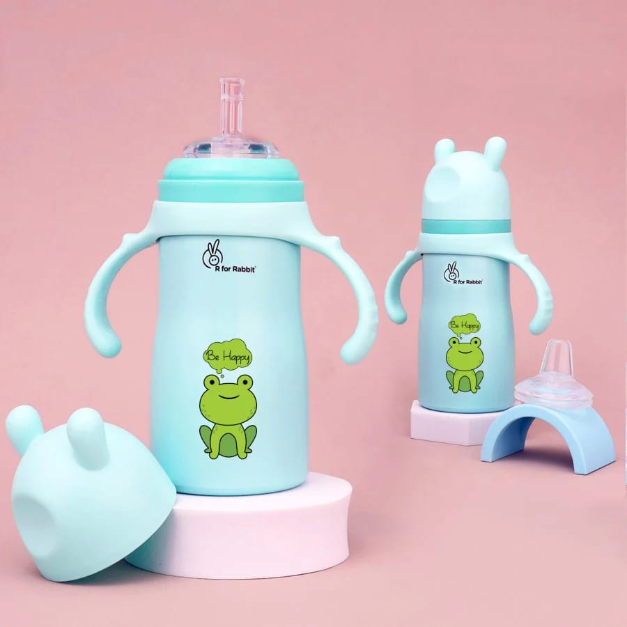 R For Rabbit Steebo Tiny Tales 2 in 1 Spout and Straw Sipper Stainless Steel Bottle For Kids, Lake blue