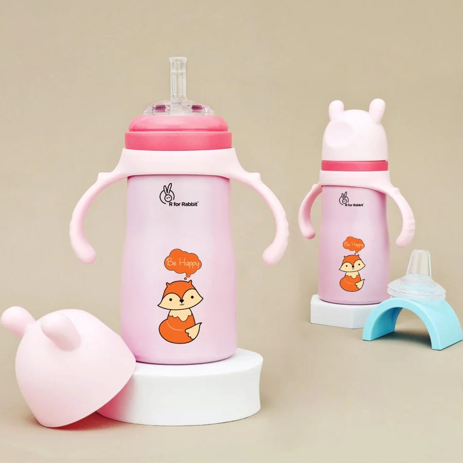 R For Rabbit Steebo Tiny Tales 2 in 1 Spout and Straw Sipper Stainless Steel Bottle For Kids, Pink