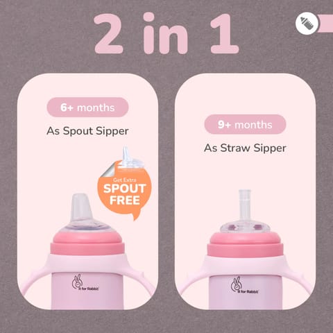 R For Rabbit Steebo Tiny Tales 2 in 1 Spout and Straw Sipper Stainless Steel Bottle For Kids, Pink