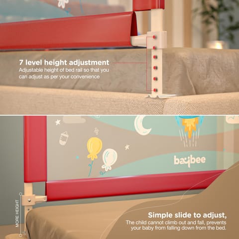 BAYBEE Baby Bed Rails Guard Barrier for Baby Kids Safety -  Foldable Bed Rail Falling Protector Fence with 7 Adjustable Height (180x63 cm -  Red) - (Color & Design May Vary)