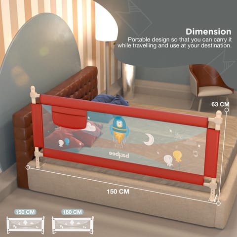 BAYBEE Baby Bed Rails Guard Barrier for Baby Kids Safety -  Foldable Bed Rail Falling Protector Fence with 7 Adjustable Height (180x63 cm -  Red) - (Color & Design May Vary)