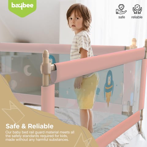 BAYBEE Baby Bed Rails Guard Barrier for Baby Kids Safety -  Foldable Bed Rail Falling Protector Fence with 7 Adjustable Height (180x63 cm -  Pink) - (Color & Design May Vary)