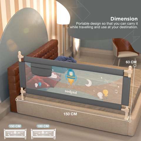 BAYBEE Baby Bed Rails Guard Barrier for Baby Kids Safety -  Foldable Bed Rail Falling Protector Fence with 7 Adjustable Height (150x63 cm -Grey ) - (Color & Design May Vary)