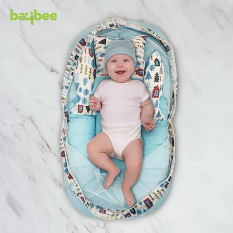 Baybee Baby Bedding Set for New Born Baby, Bed Mattress with Mosquito Net, Neck Pillow & 2 Bolsters Sleeping Nest Travel Bed for Baby Infant Toddler Bed Set for Baby Boy Girl 0-6 Months Blue