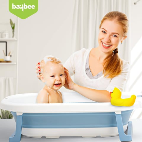 Baybee Jolly Kids Bath Tub for Baby Mini Swimming Pool for Kids, Foldable Bathtub for Baby with Anti Skid Base & Drainer | Baby Bathing Tub | Baby Bath tub for Kids 0 to 3 Years Boys Girls (Blue)