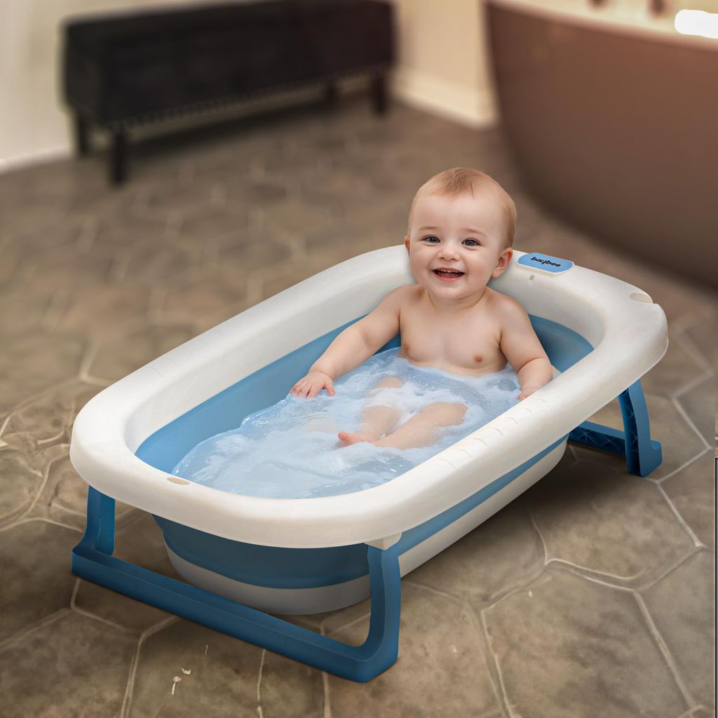 Baybee Jolly Kids Bath Tub for Baby Mini Swimming Pool for Kids, Foldable Bathtub for Baby with Anti Skid Base & Drainer | Baby Bathing Tub | Baby Bath tub for Kids 0 to 3 Years Boys Girls (Blue)