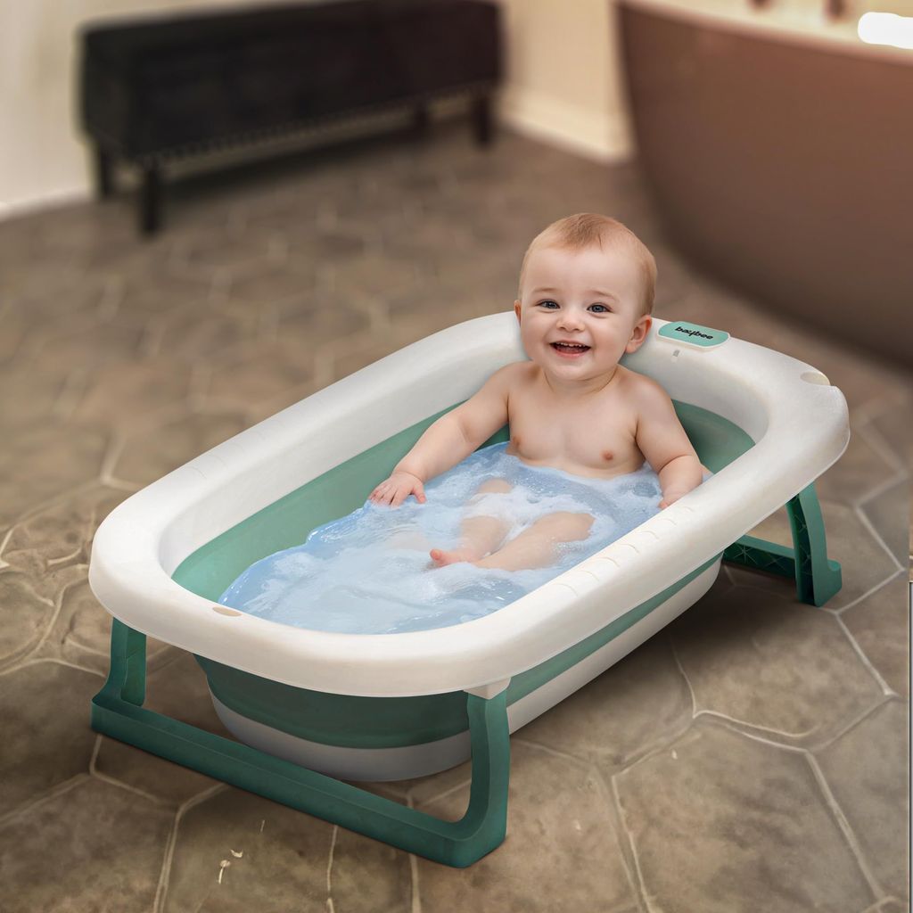 Baybee Jolly Kids Bath Tub for Baby Mini Swimming Pool for Kids, Foldable Bathtub for Baby with Anti Skid Base & Drainer | Baby Bathing Tub | Baby Bath tub for Kids 0 to 3 Years Boys Girls (Green)