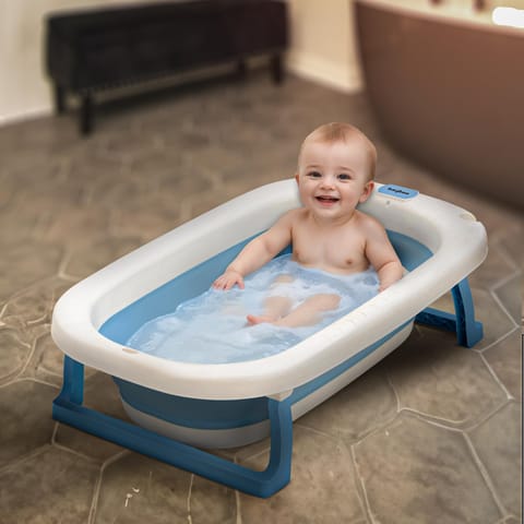 Baybee Jolly Kids Bath Tub for Baby Mini Swimming Pool for Kids, Foldable Bathtub for Baby with Anti Skid Base & Drainer | Baby Bathing Tub | Baby Bath tub for Kids 0 to 3 Years Boys Girls (Blue)