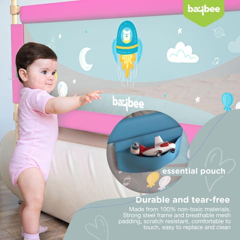 BAYBEE Baby Bed Rails Guard Barrier for Baby Kids Safety -  Foldable Bed Rail Falling Protector Fence with 7 Adjustable Height (150x63 cm -Pink ) - (Color & Design May Vary)