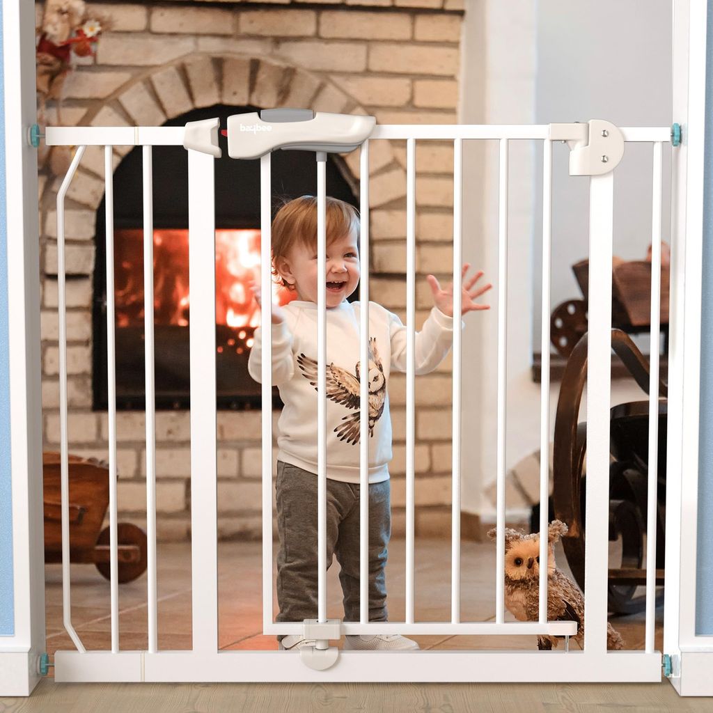 Baybee Auto Close Baby Safety Gate, Durable Staircase Kids Safety Baby Fence Dog Gate Barrier with Easy Walk Child Gate | Baby Gate for Home, Doorways, Stairs | Safety Gate for Kids (White+10Cm)