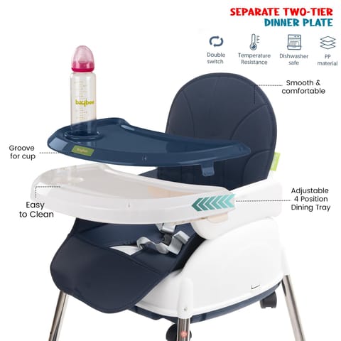 Baybee 4 in 1 Convertible High Chair for Kids with Adjustable Height and Footrest, Baby Toddler Feeding Booster Seat with Tray, Wheels, Safety Belt and Cushion, Boys & Girls 6 Months to 3 Years (Navy Blue)