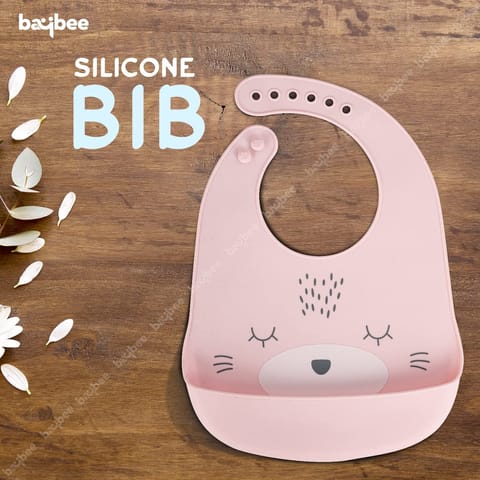 Baybee Baby Silicone Waterproof Bibs for New Born Baby with Pocket & 6 Adjustable Neckline Buttons | Baby Feeding Bib for infants & toddlers with Washable & Reusable for Boy Girl 6 to 12 months (Pink)