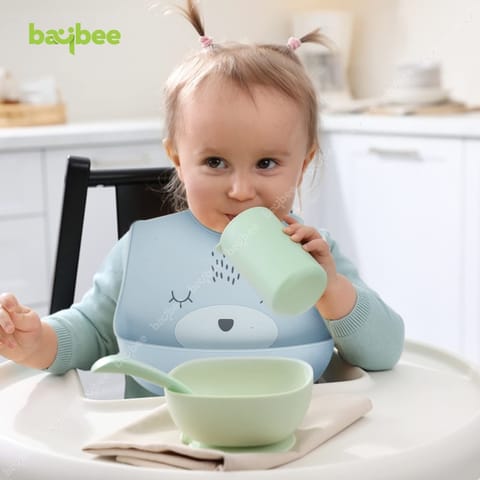 Baybee Baby Silicone Waterproof Bibs for New Born Baby with Pocket & 6 Adjustable Neckline Buttons | Baby Feeding Bib for infants & toddlers with Washable & Reusable for Boy Girl 6 to 12 months (Blue)