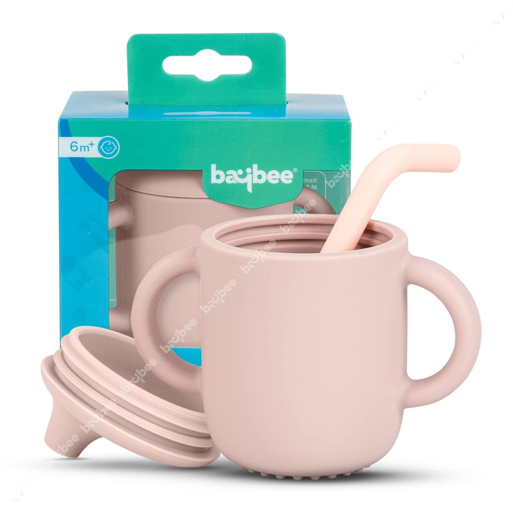 BAYBEE Baby BPA-Free Silicone Sipper Cup Drinking Training Anti Spill Sippy Cup/Glass with Soft Silicone Straw & Lid for Baby and Toddler Unbreakable, Spill Proof and Non-Slip Twin Handles Spout Cup for Infants /Kids 6+ Months(PINK)