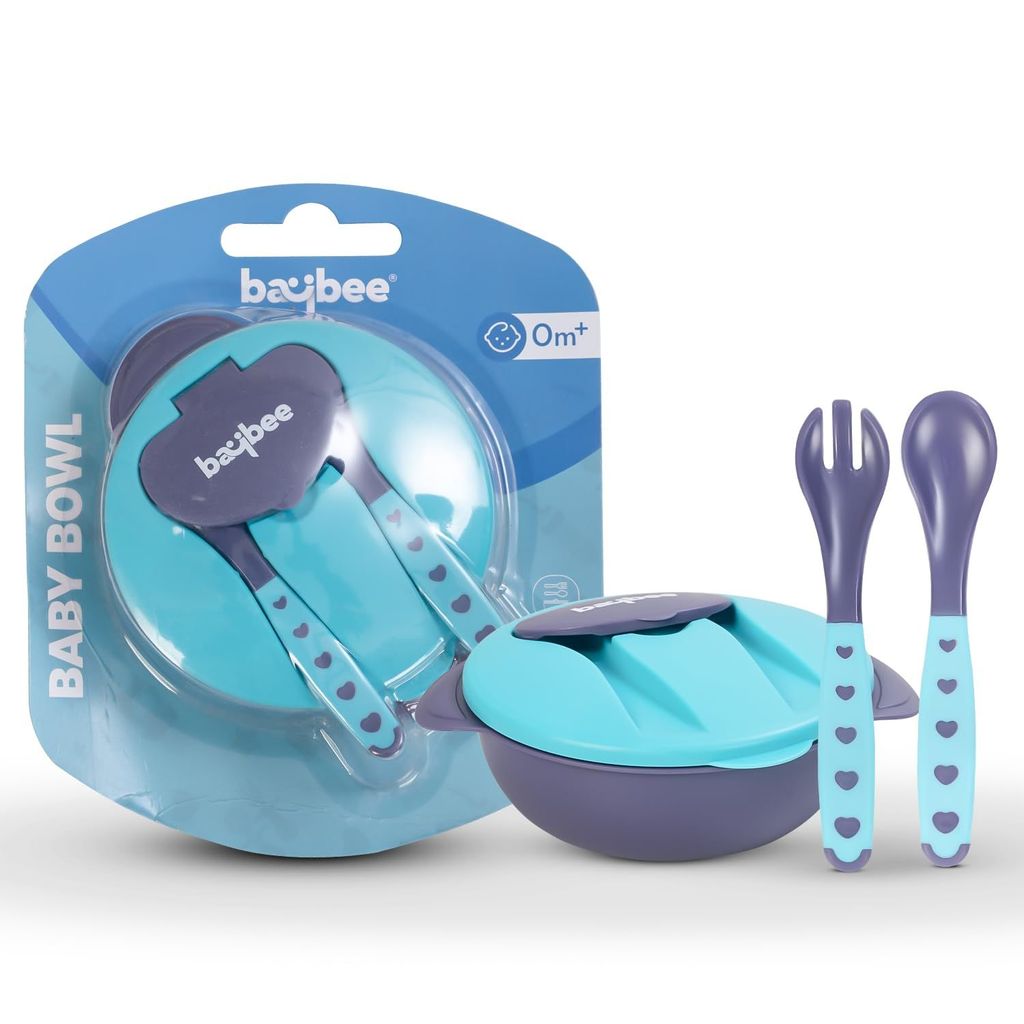 Baybee Baby Feeding Bowl with Lid, Spoon & Fork Set, for Baby Feeding, Baby Tableware Set Soft First Stage Feeding Baby Bowls Spoon Set | Baby Bowl & Spoon Set for Baby Kids (BLUE)