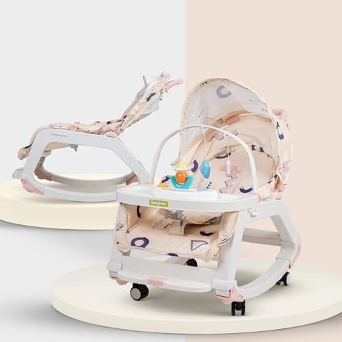 Baybee 5 in 1 Baby Rocker and Booster Seat for Babies with Multi Position Recline | Rocking Chair for Kids with Hanging Toys, Music | Baby Dining Seat for 0 to 2 Years Boys Girls (Pink)